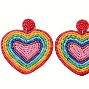 Hand-Beaded Rainbow Heart Earrings